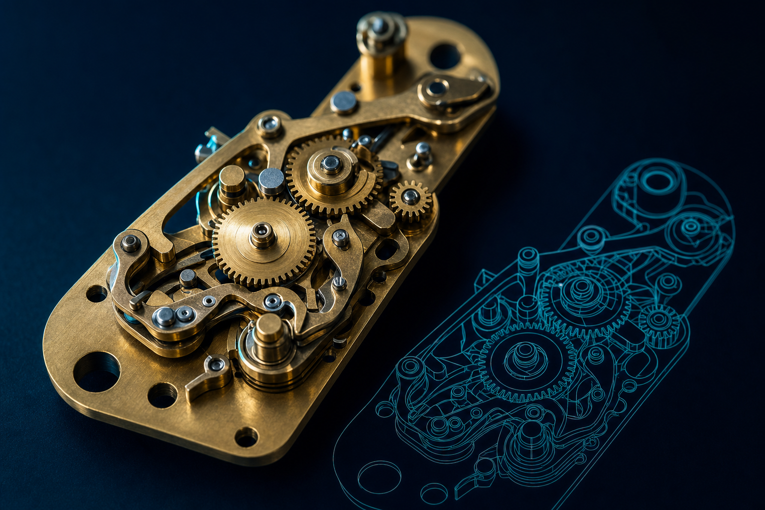 Reproduced brass internal mechanism for a 1950s rangefinder camera