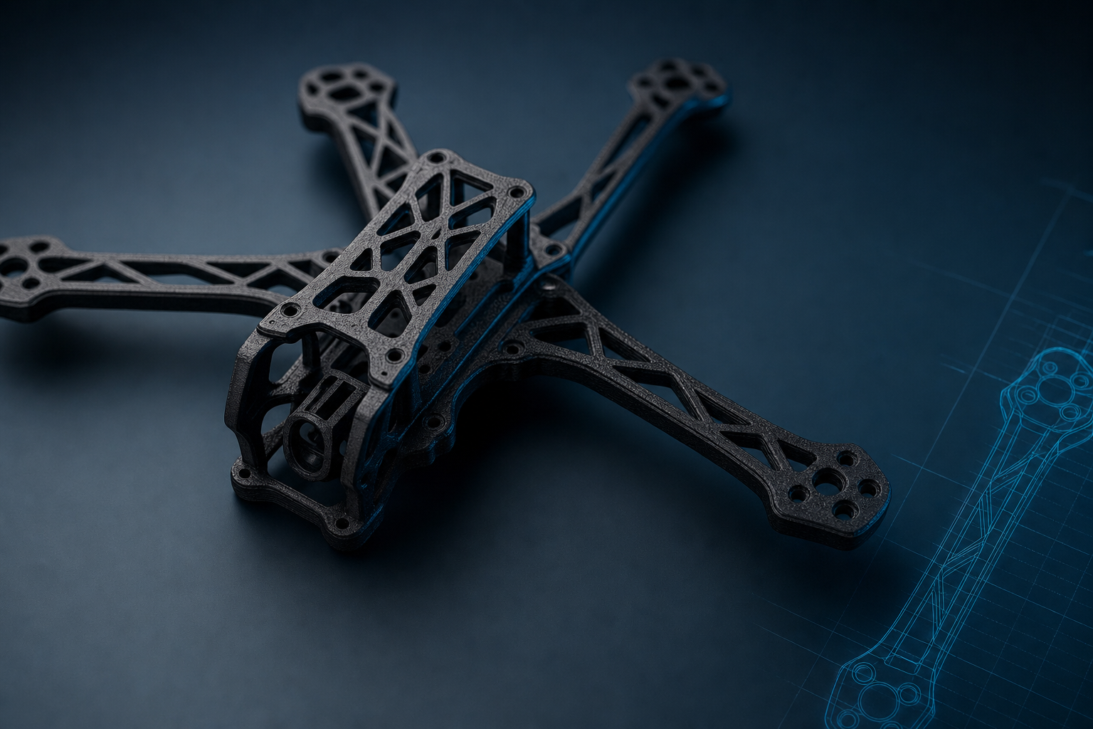 Lightweight carbon-fibre nylon custom drone frame optimised for stiffness-to-weight