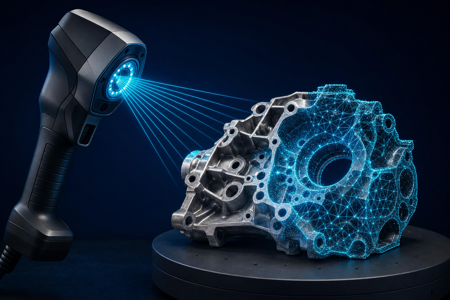 Handheld 3D scanner capturing a metal engine housing, building a cyan point-cloud mesh of the geometry